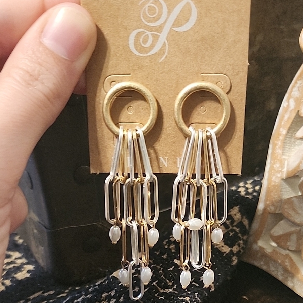 Gold Dangle Link Earrings with White Bead Accents